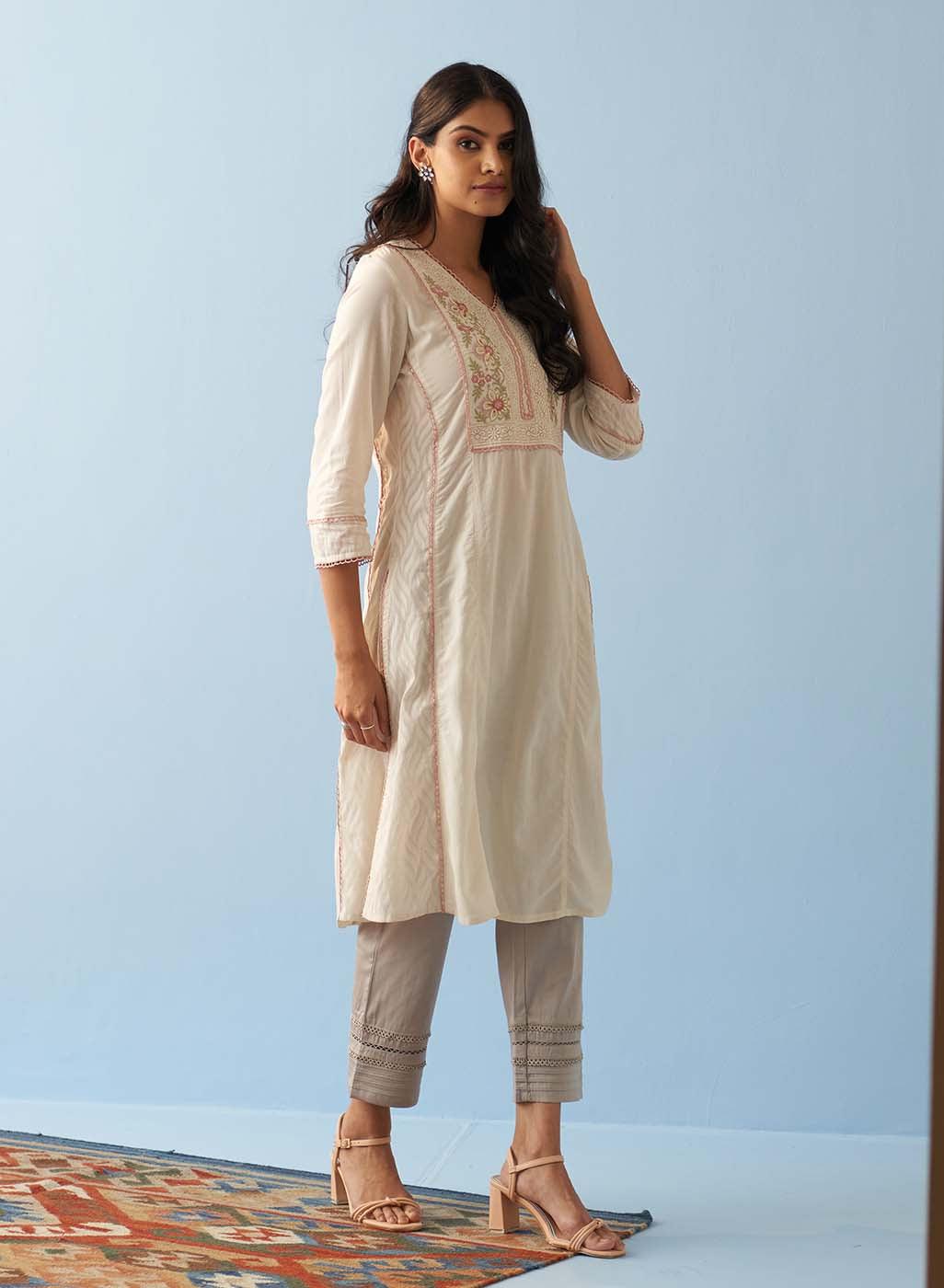 Ivory Long Flared Embroidered A-line Kurta - Lakshita