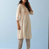 Ivory Long Flared Embroidered A-line Kurta - Lakshita