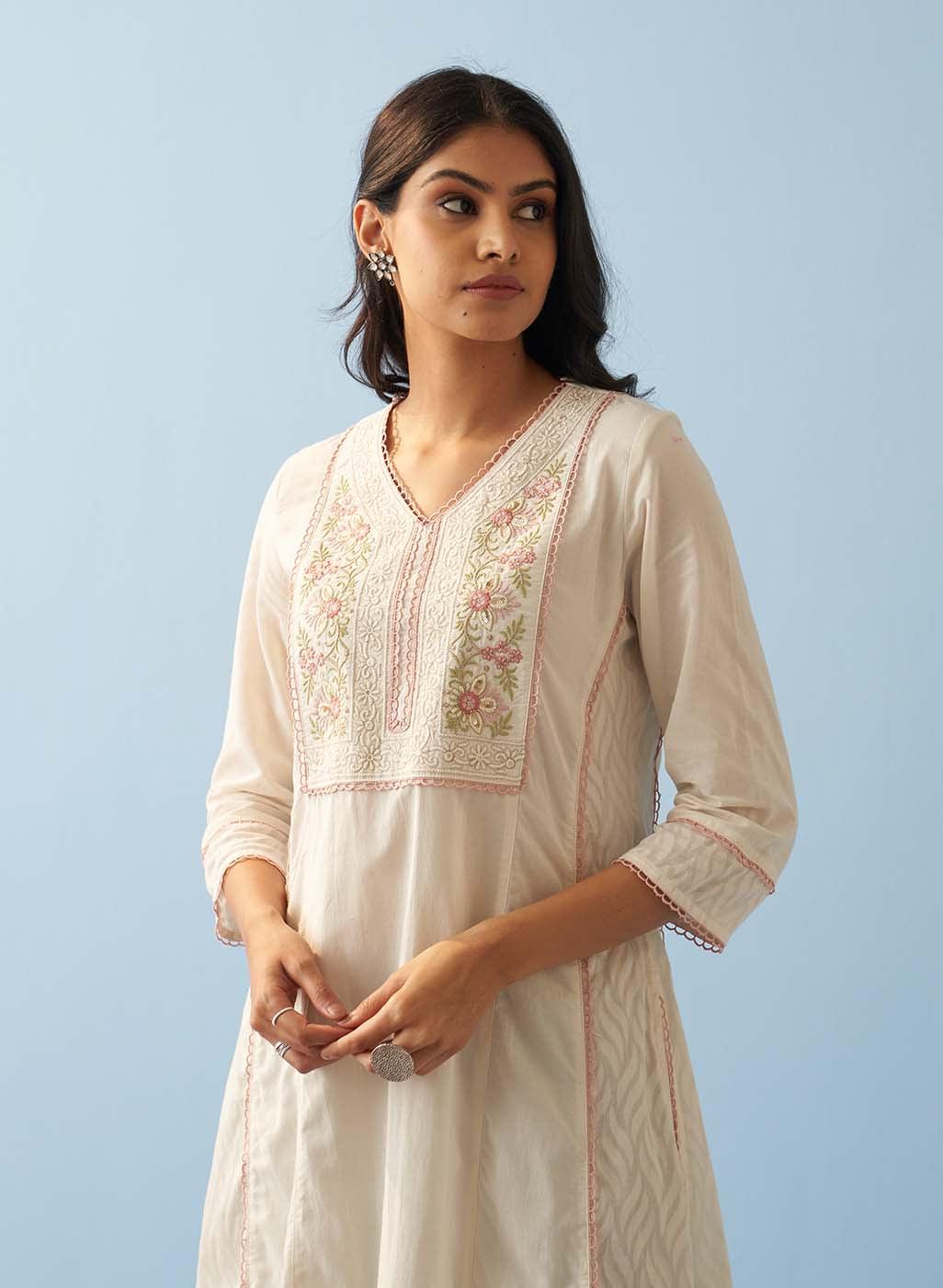 Ivory Long Flared Embroidered A-line Kurta - Lakshita