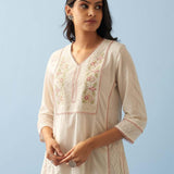 Ivory Long Flared Embroidered A-line Kurta - Lakshita