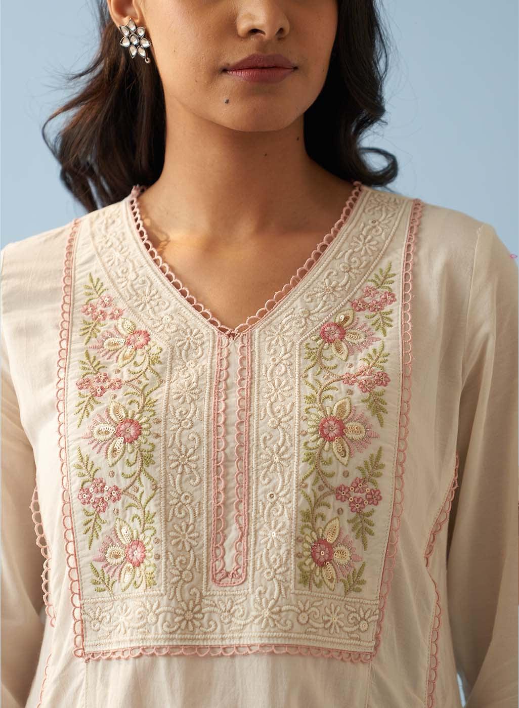 Ivory Long Flared Embroidered A-line Kurta - Lakshita