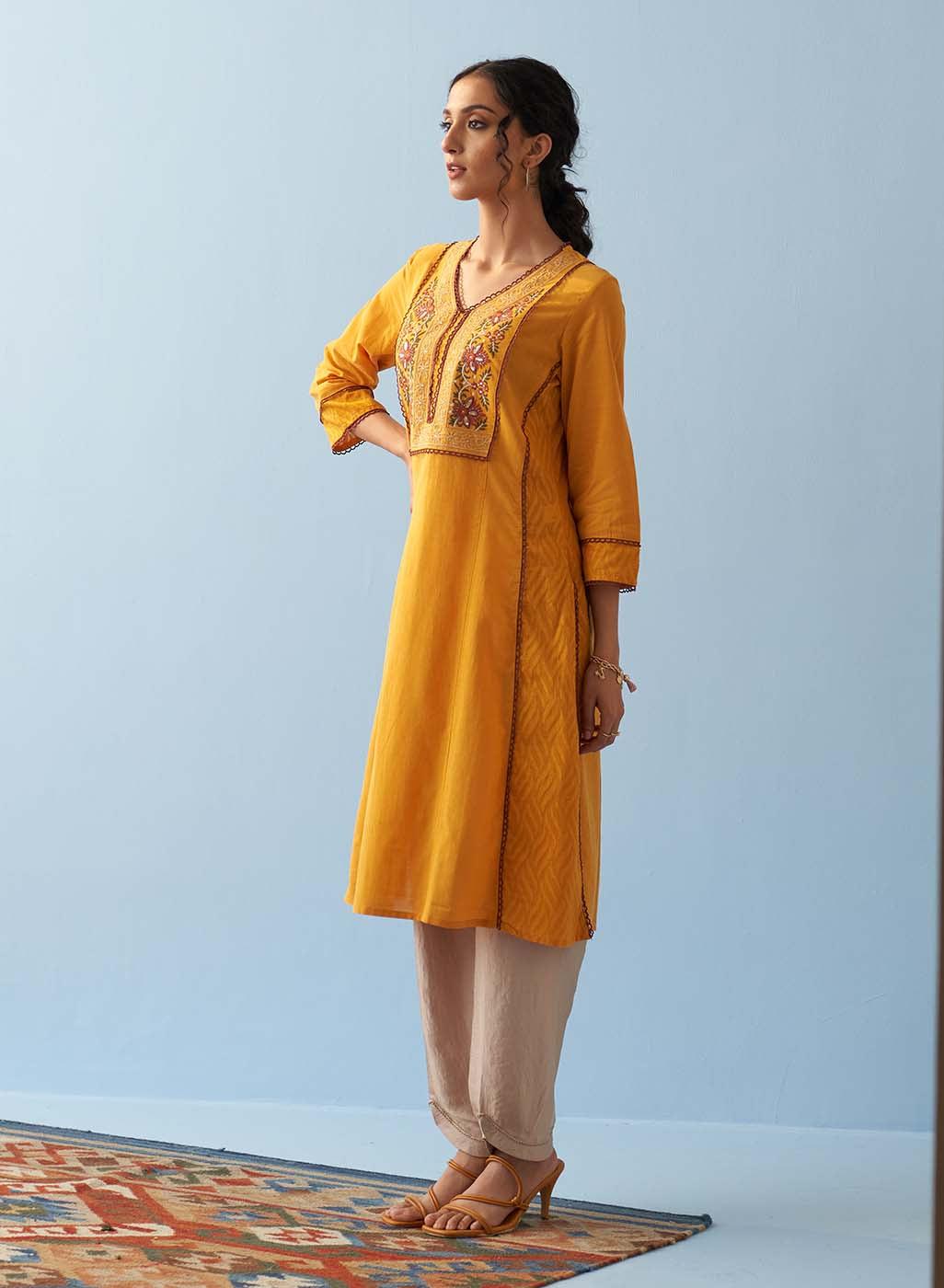 Yellow Long Flared Embroidered A-line Kurta - Lakshita