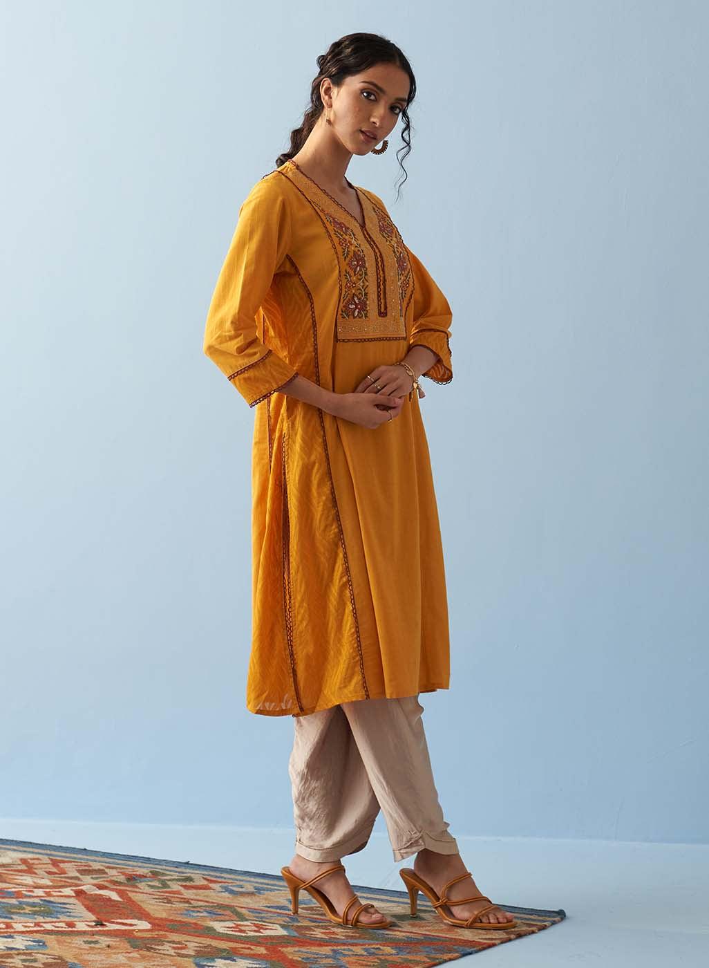 Yellow Long Flared Embroidered A-line Kurta - Lakshita