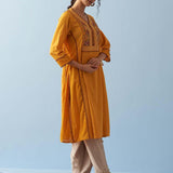 Yellow Long Flared Embroidered A-line Kurta - Lakshita