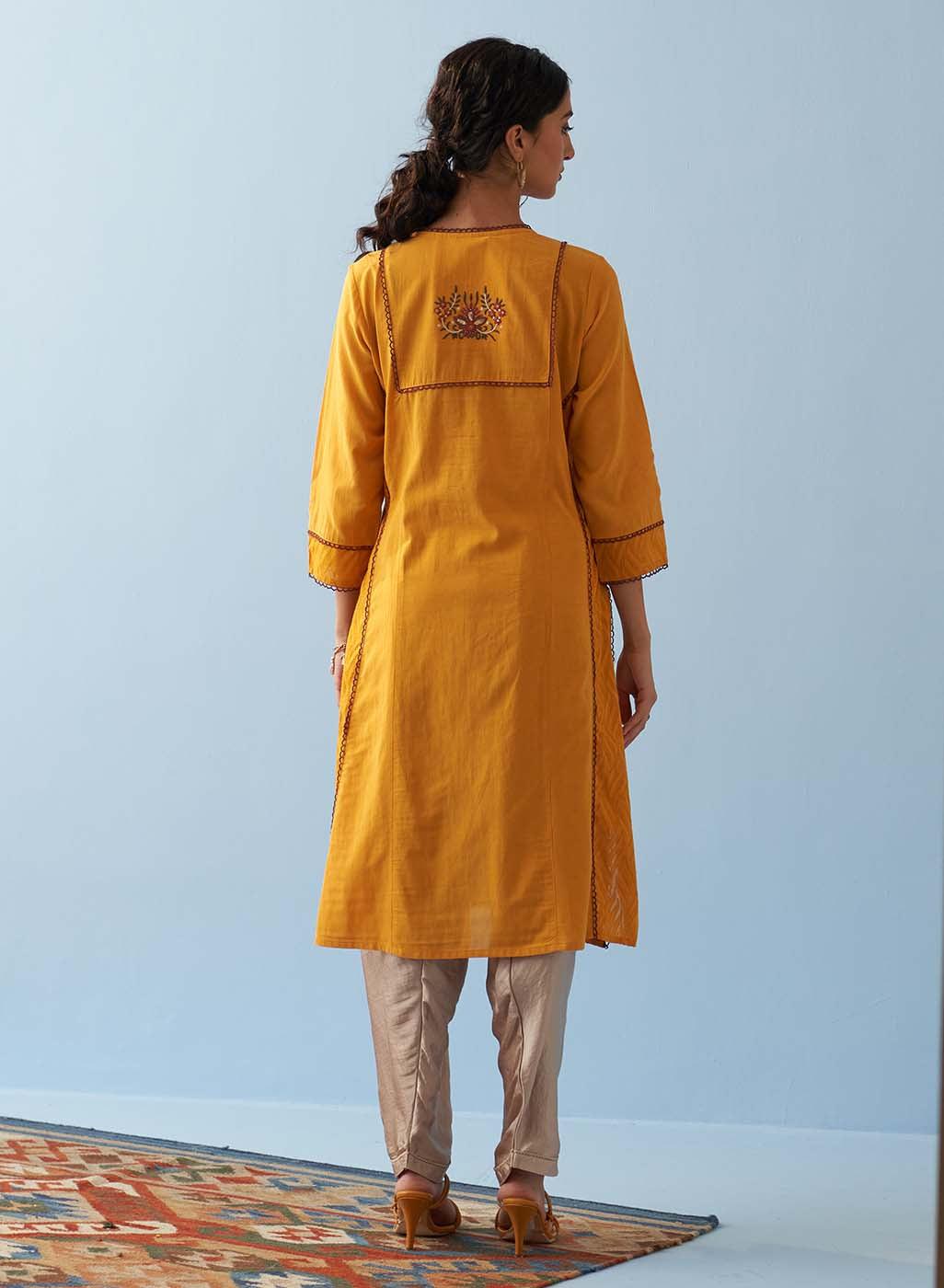 Yellow Long Flared Embroidered A-line Kurta - Lakshita