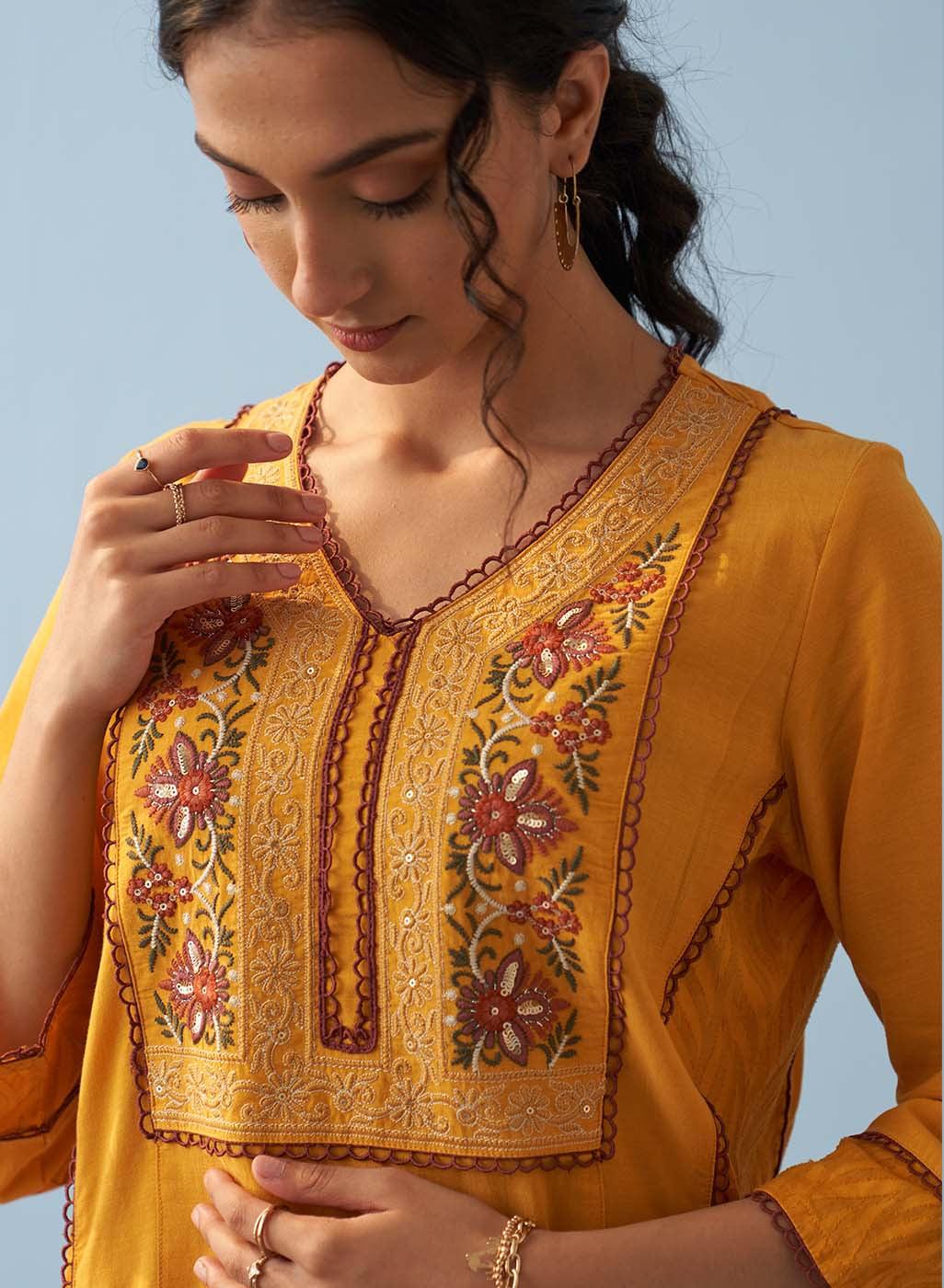 Yellow Long Flared Embroidered A-line Kurta - Lakshita