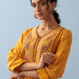 Yellow Long Flared Embroidered A-line Kurta - Lakshita