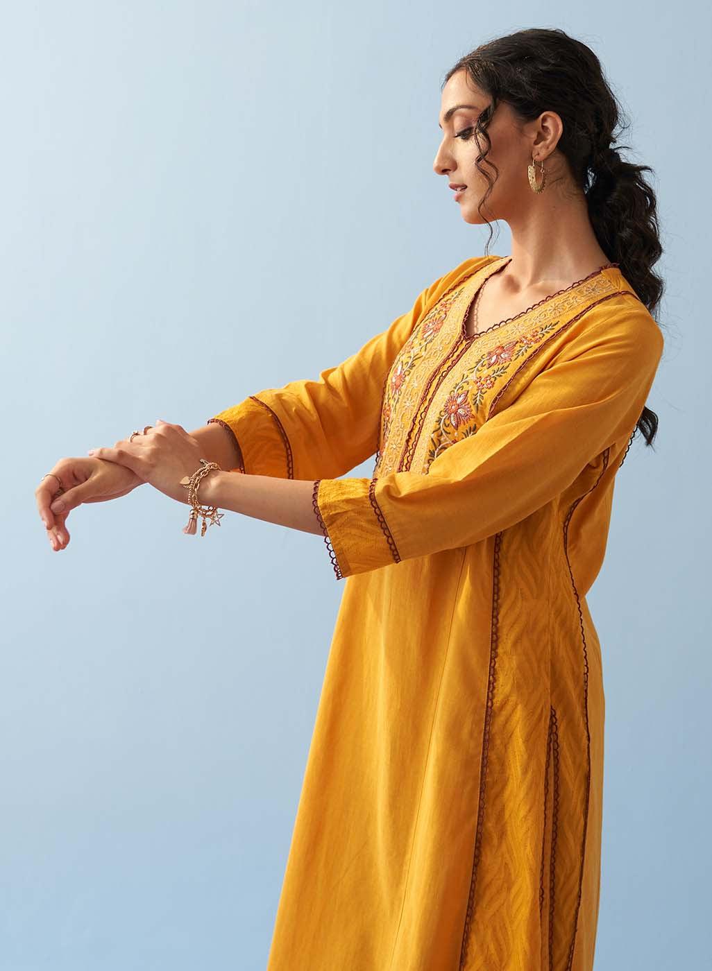 Yellow Long Flared Embroidered A-line Kurta - Lakshita