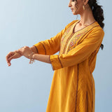 Yellow Long Flared Embroidered A-line Kurta - Lakshita