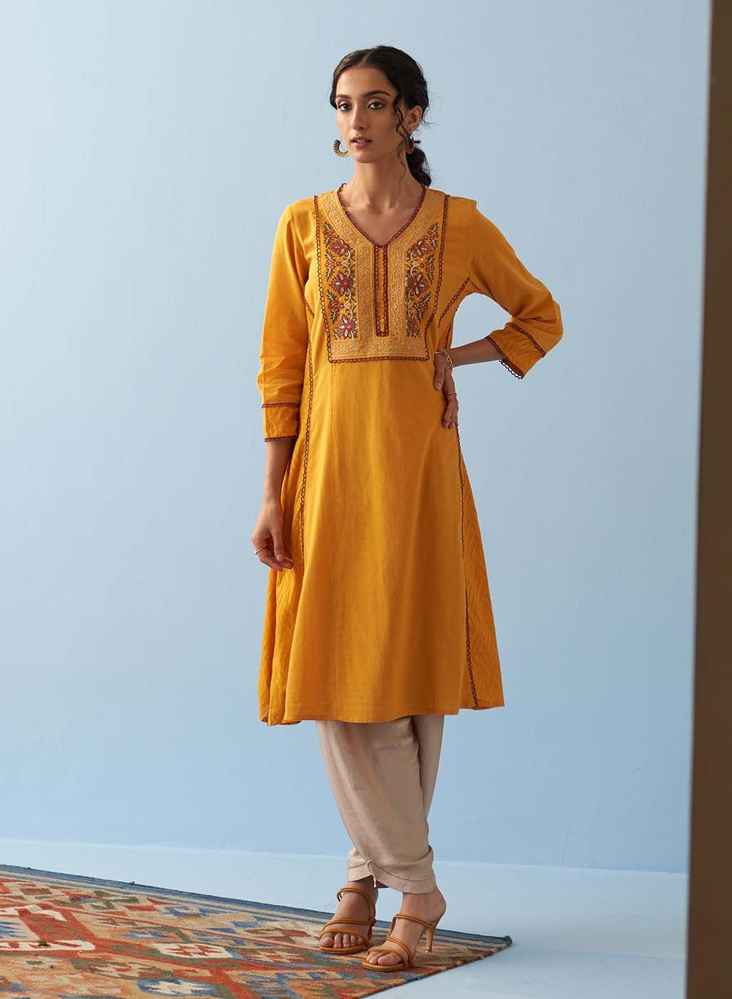 Yellow Long Flared Embroidered A-line Kurta - Lakshita