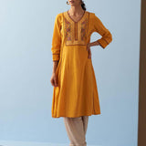 Yellow Long Flared Embroidered A-line Kurta - Lakshita