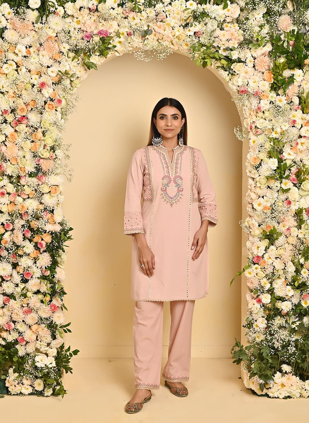 Nude Pink Schiffili Embroidered Cotton Co-ord Set with 3/4th Sleeves - Lakshita