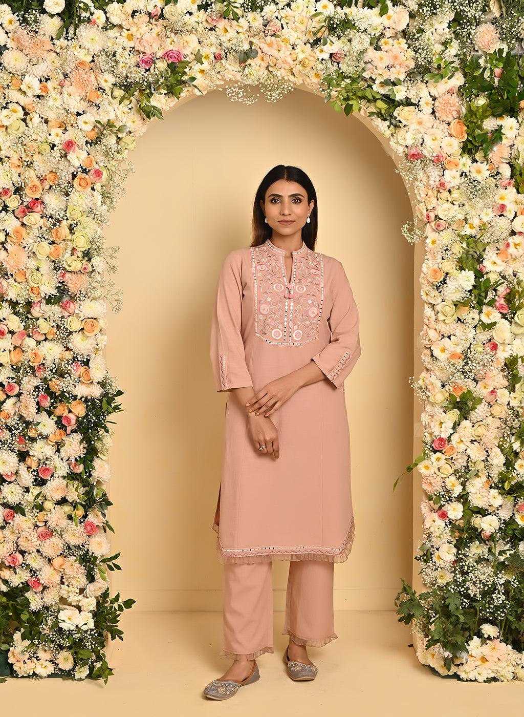 Peach Cotton Kurta Set with Floral Embroidery - Lakshita