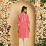 Pink Embroidered Kurta with Asymmetrical Hemline and Mandarin Collar - Lakshita