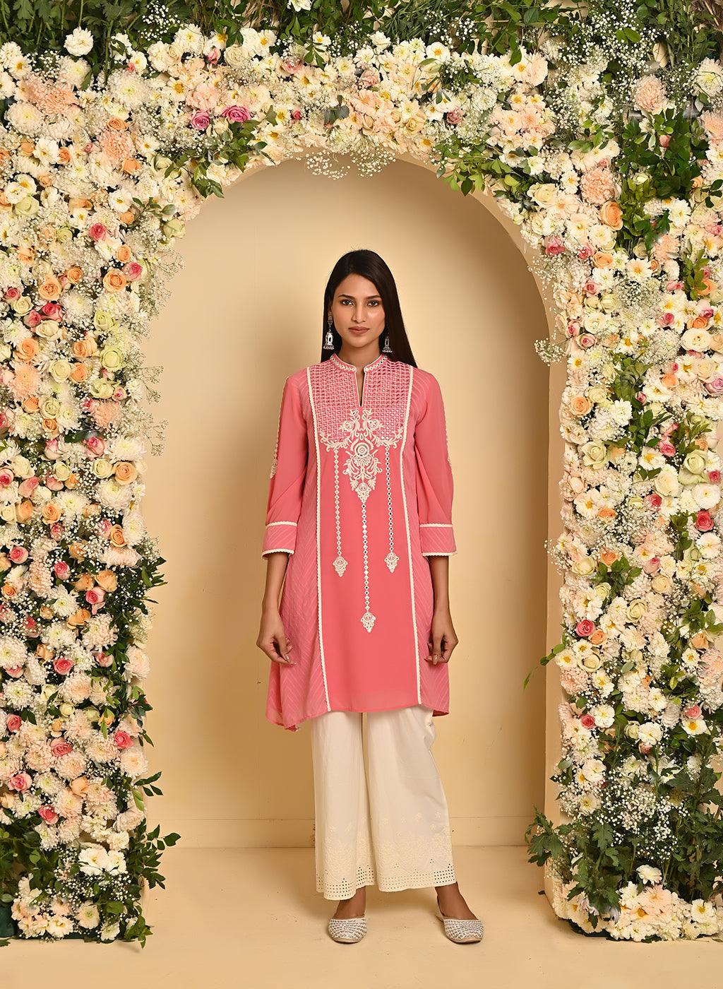 Pink Embroidered Kurta with Asymmetrical Hemline and Mandarin Collar - Lakshita