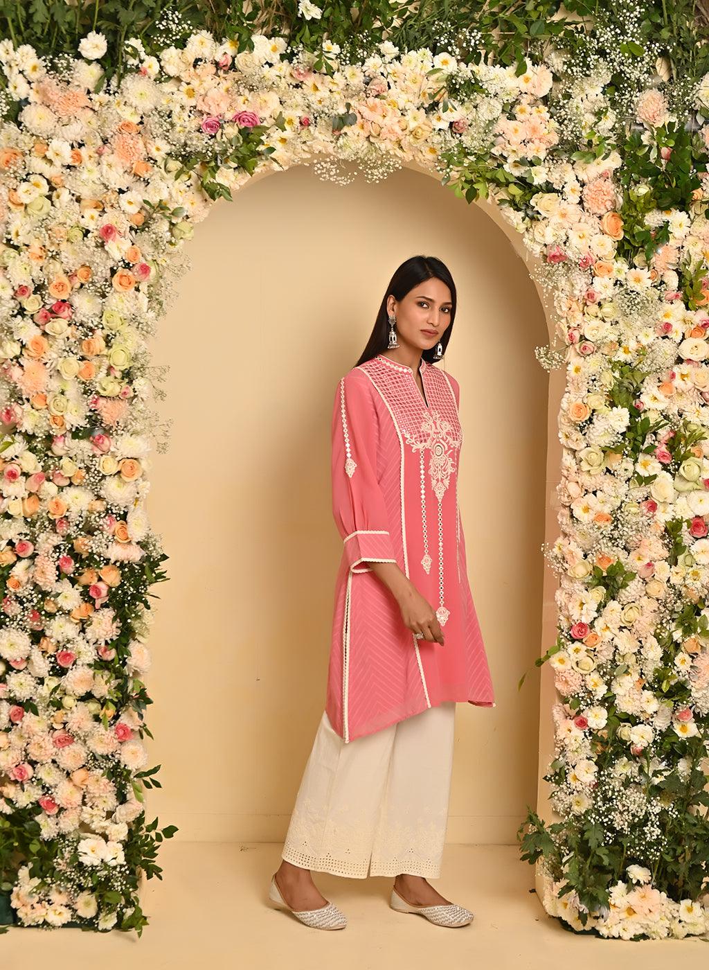 Pink Embroidered Kurta with Asymmetrical Hemline and Mandarin Collar - Lakshita