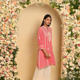 Pink Embroidered Kurta with Asymmetrical Hemline and Mandarin Collar - Lakshita