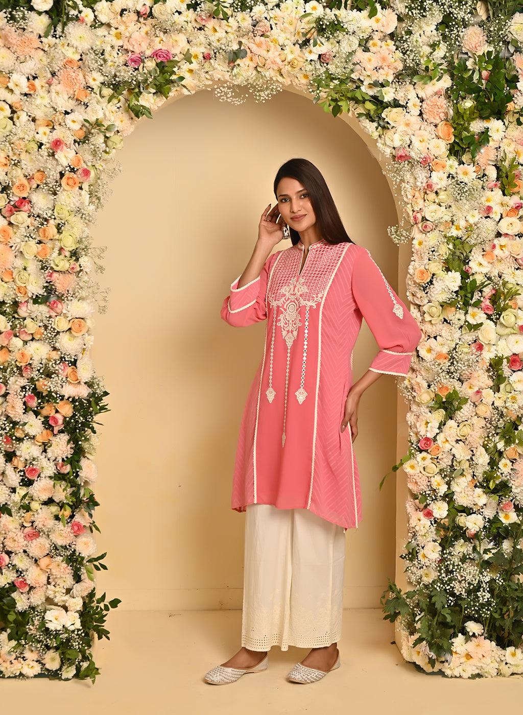 Pink Embroidered Kurta with Asymmetrical Hemline and Mandarin Collar - Lakshita