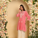 Pink Embroidered Kurta with Asymmetrical Hemline and Mandarin Collar - Lakshita