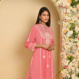 Pink Embroidered Kurta with Asymmetrical Hemline and Mandarin Collar - Lakshita