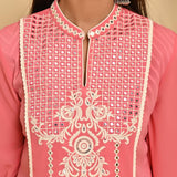 Pink Embroidered Kurta with Asymmetrical Hemline and Mandarin Collar - Lakshita