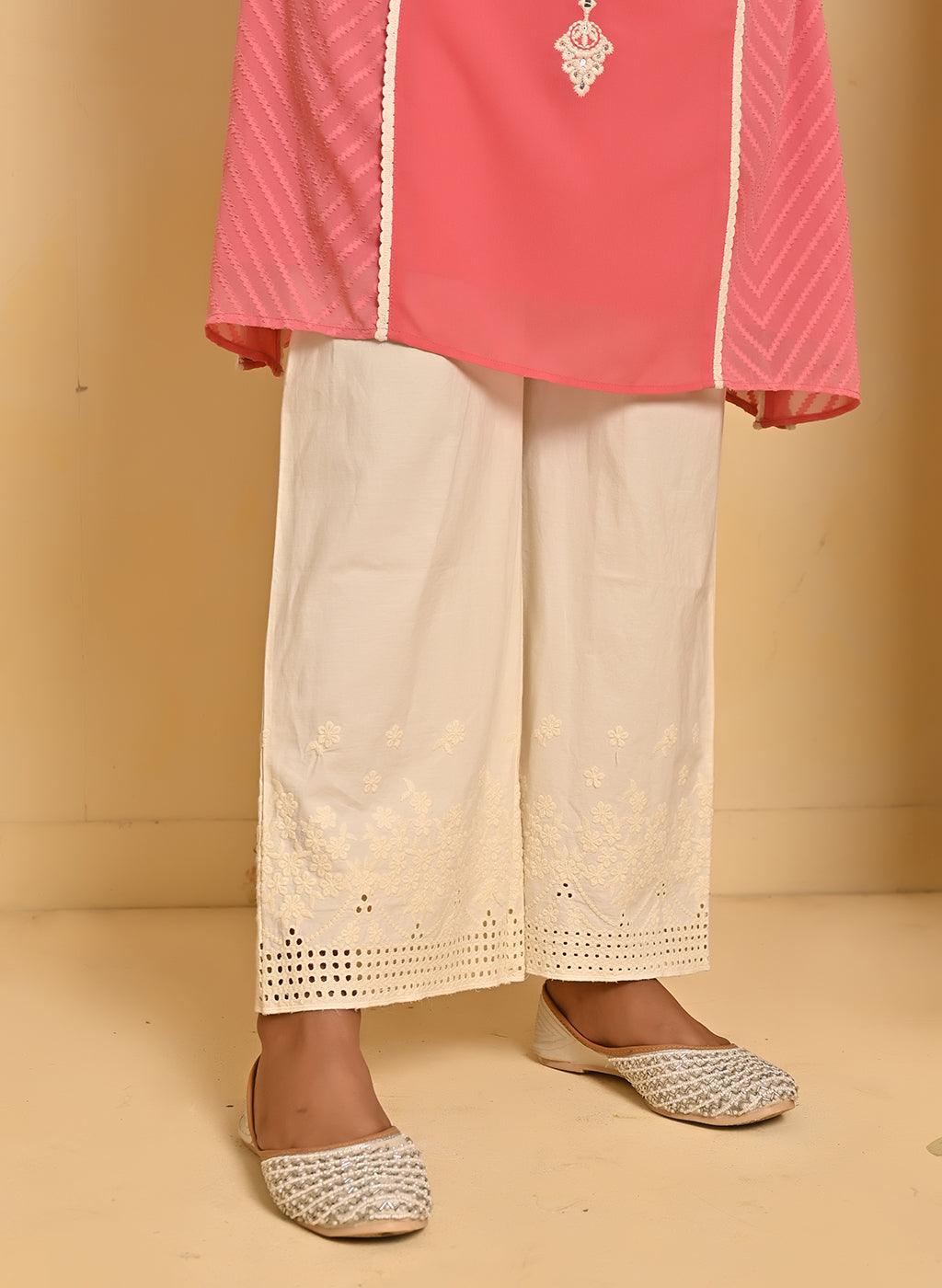 Pink Embroidered Kurta with Asymmetrical Hemline and Mandarin Collar - Lakshita