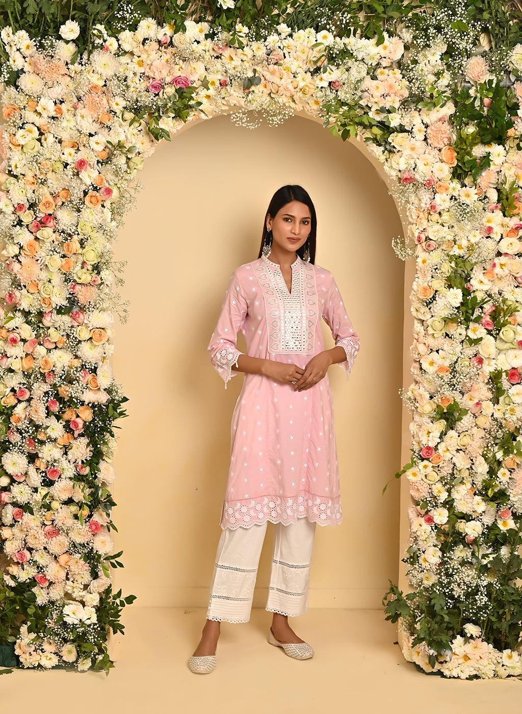 Pink Schiffli Embroidery Kurta with Mirror Work - Lakshita