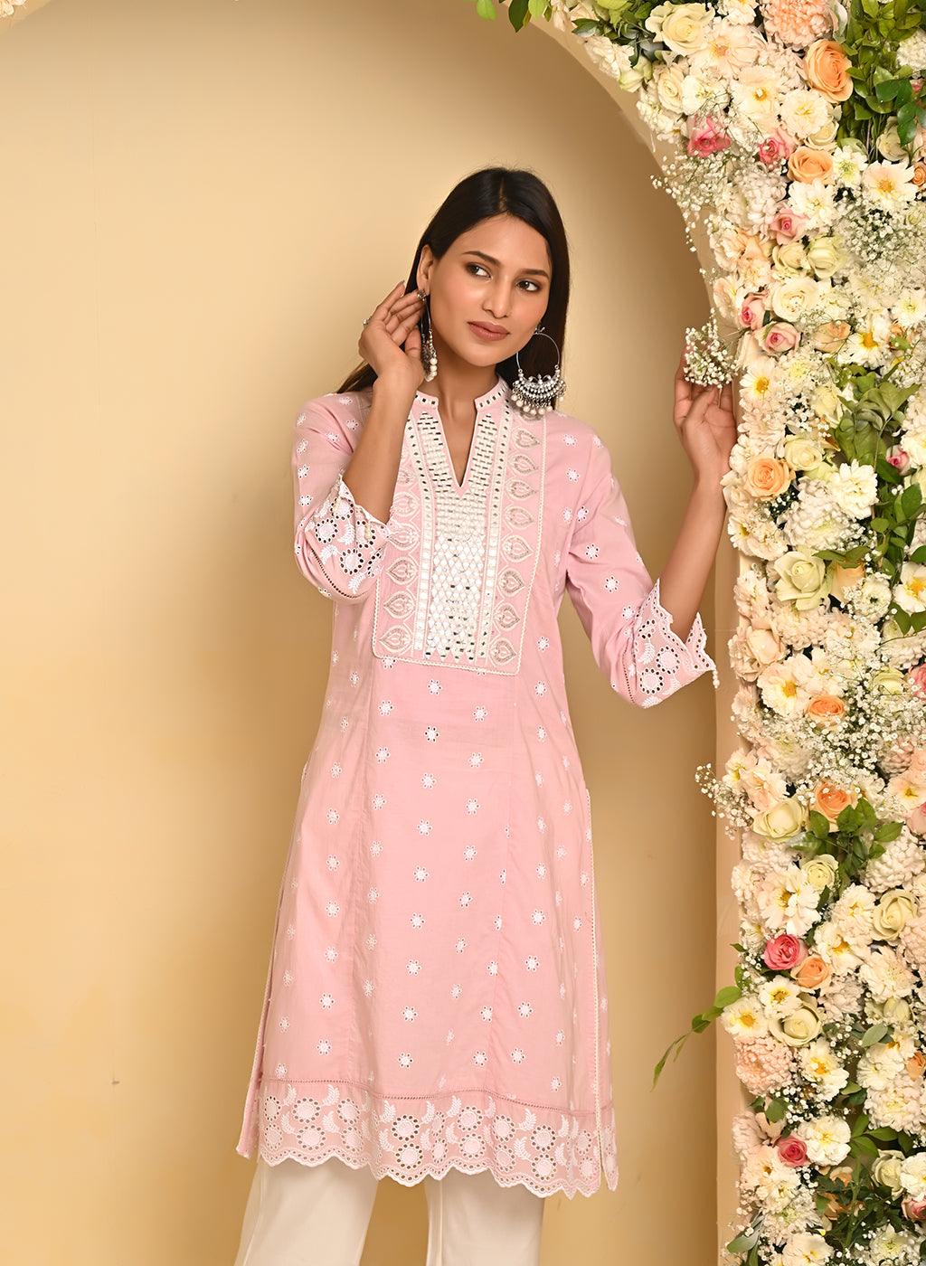 Pink Schiffli Embroidery Kurta with Mirror Work - Lakshita