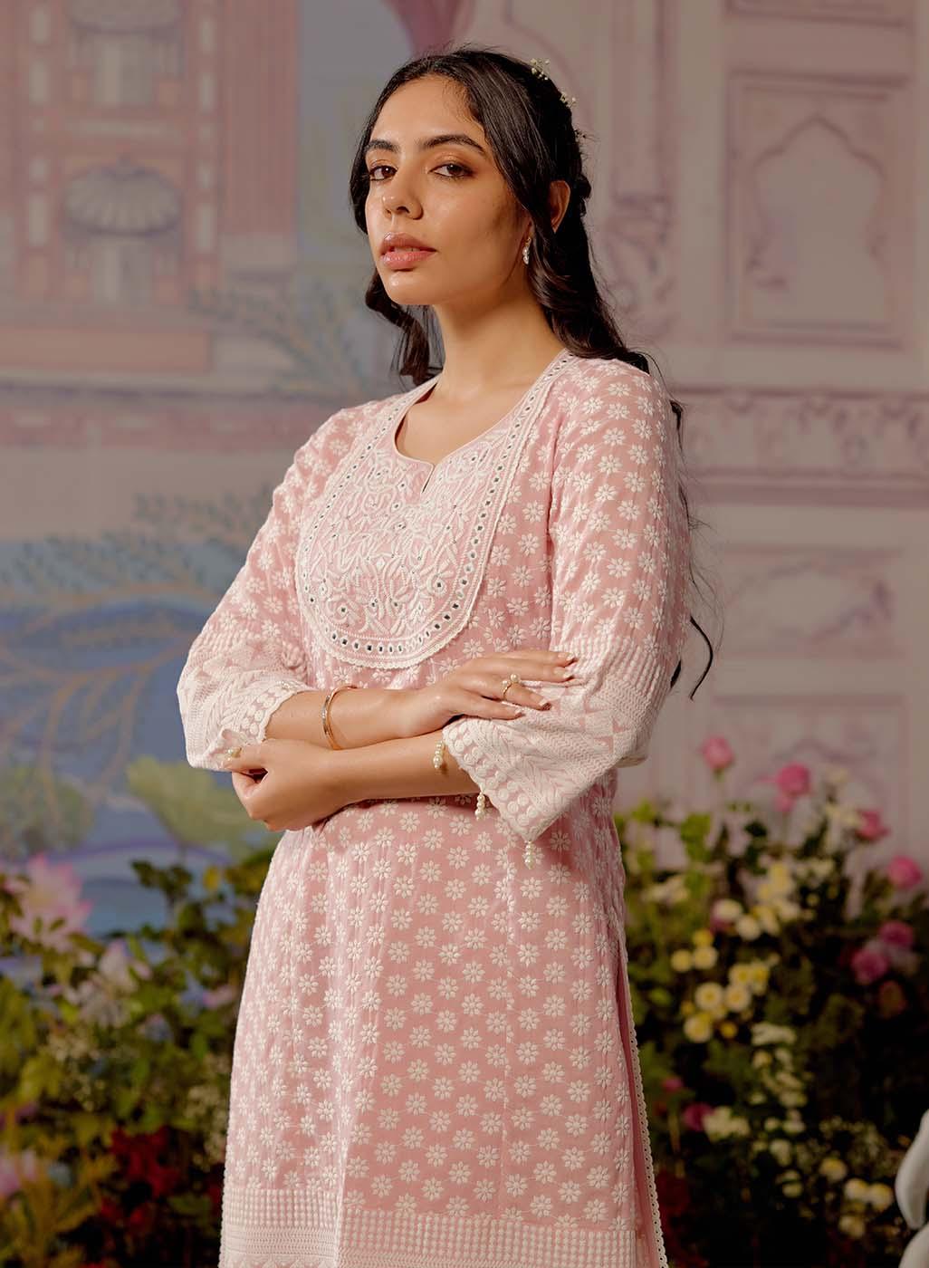 Pink Long All over Embroidered Kurta Set - Lakshita