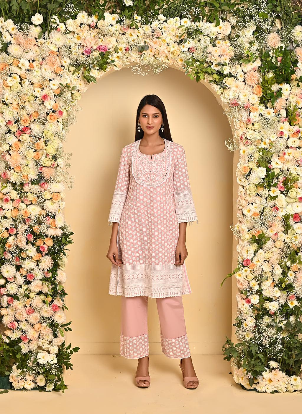 Pink Long All over Embroidered Kurta Set - Lakshita