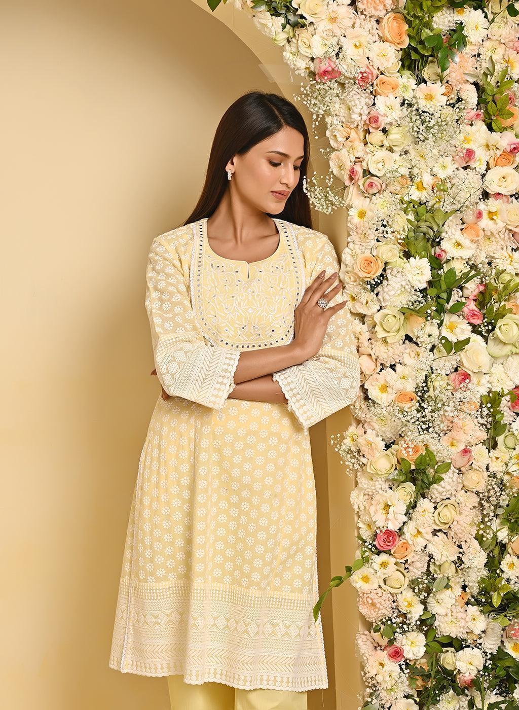 Yellow Long All over Embroidered Kurta Set - Lakshita