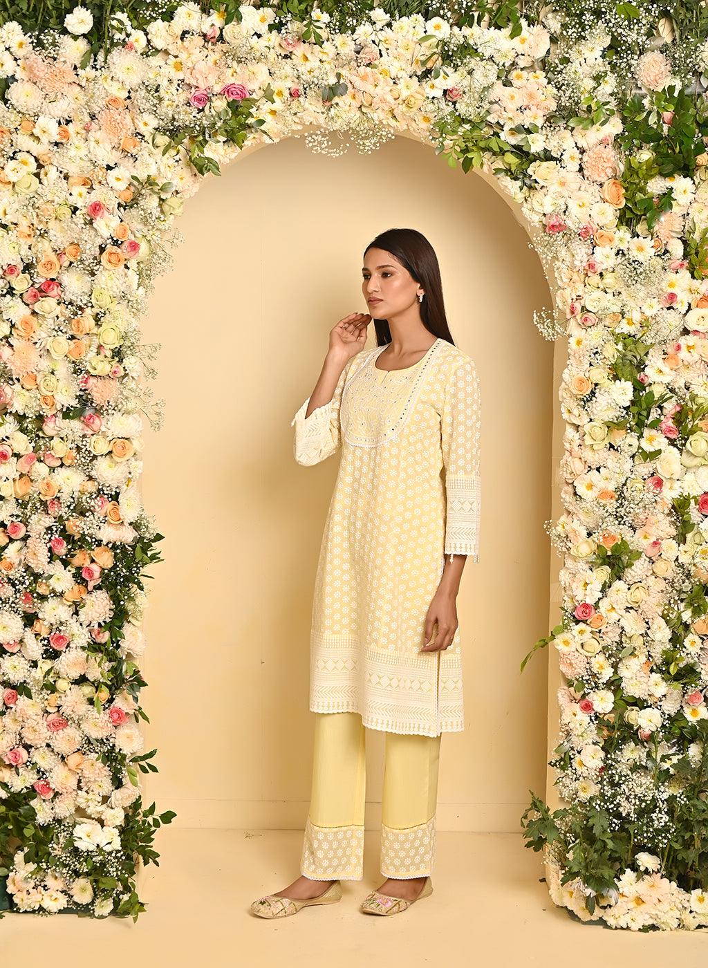 Yellow Long All over Embroidered Kurta Set - Lakshita