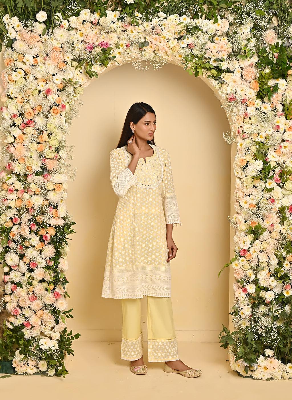 Yellow Long All over Embroidered Kurta Set - Lakshita