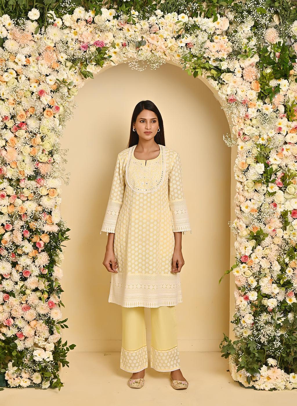 Yellow Long All over Embroidered Kurta Set - Lakshita