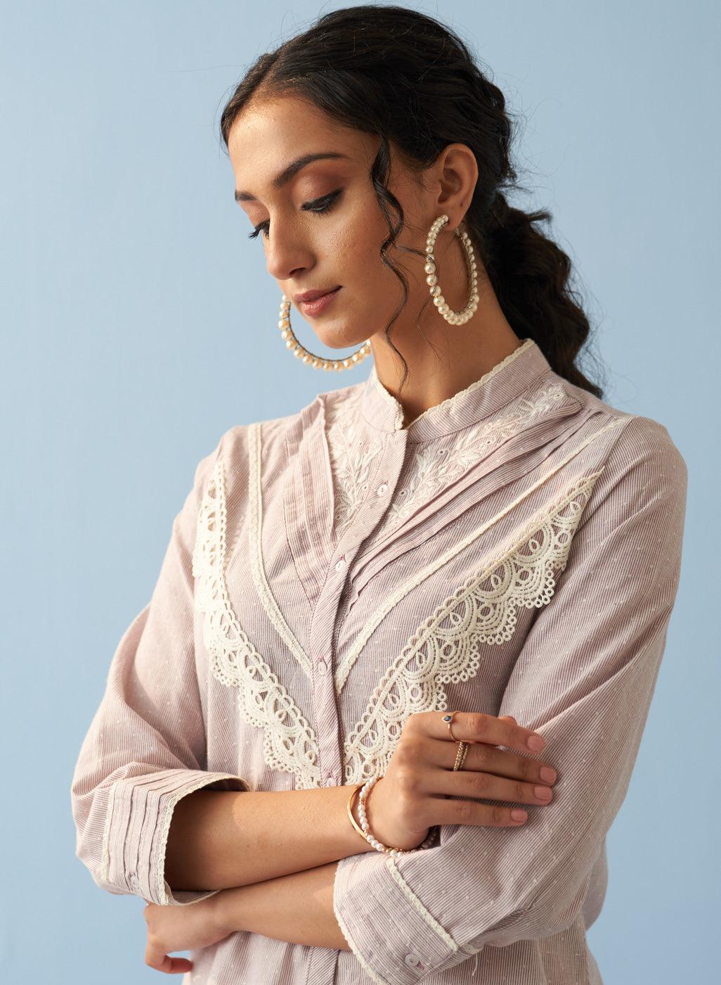 Lavender Embroidered Shirt with Lace Detailing - Lakshita