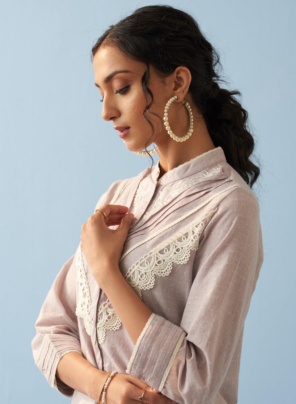 Lavender Embroidered Shirt with Lace Detailing - Lakshita