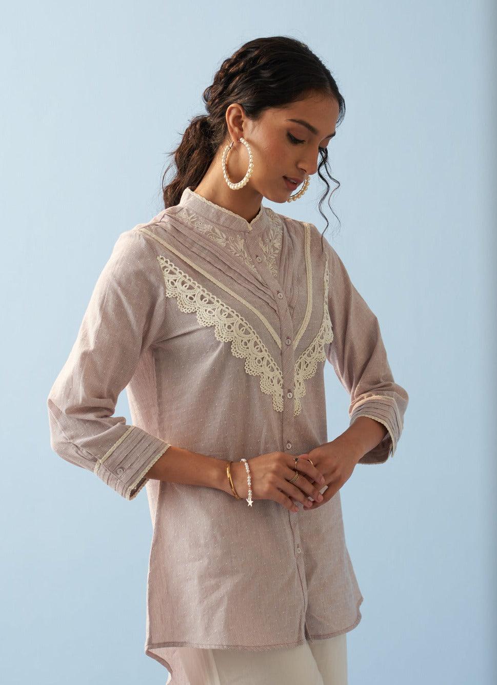 Lavender Embroidered Shirt with Lace Detailing - Lakshita