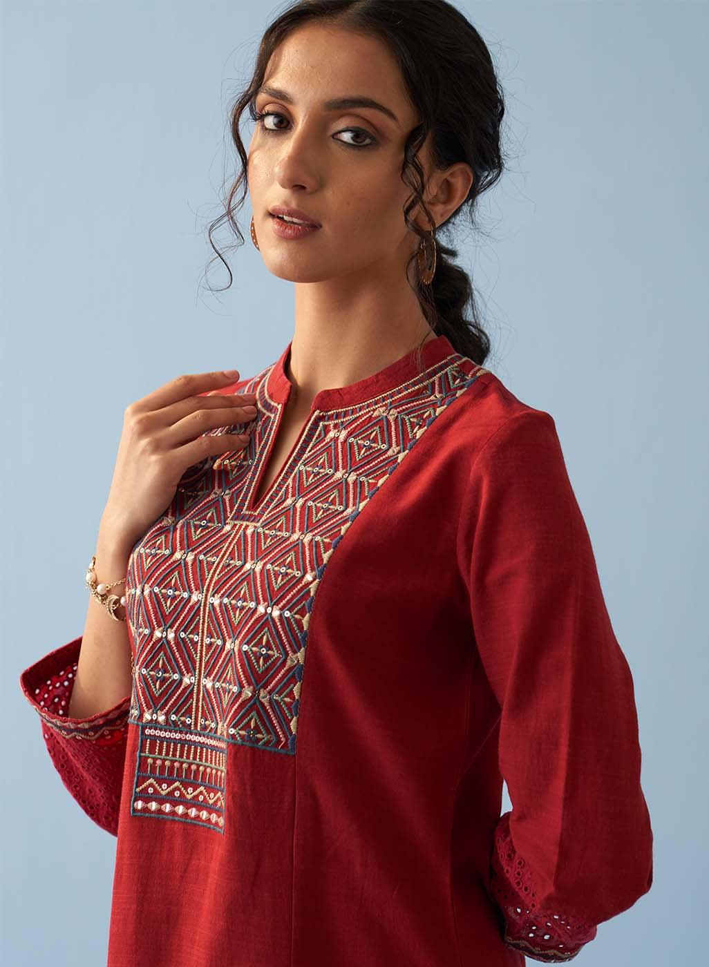 Red V-Neck Kurta with Multi Coloured Embroidery and 3/4th Sleeves - Lakshita