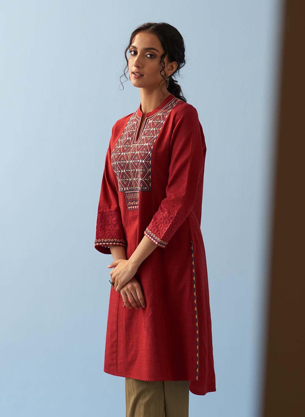 Red V-Neck Kurta with Multi Coloured Embroidery and 3/4th Sleeves ...