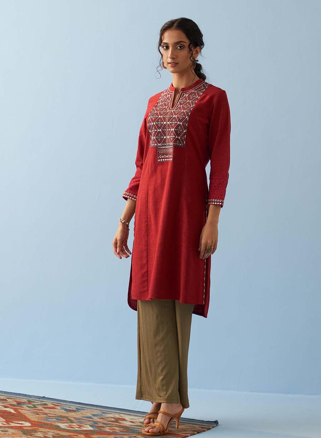 Red V-Neck Kurta with Multi Coloured Embroidery and 3/4th Sleeves - Lakshita