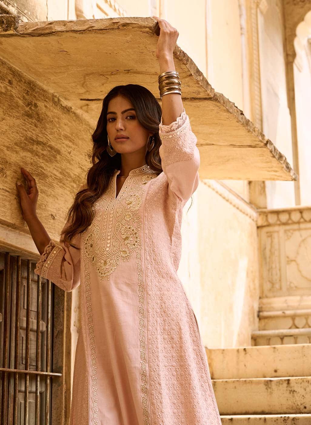 Pink Mirror Work Schiffli Kurta - Lakshita