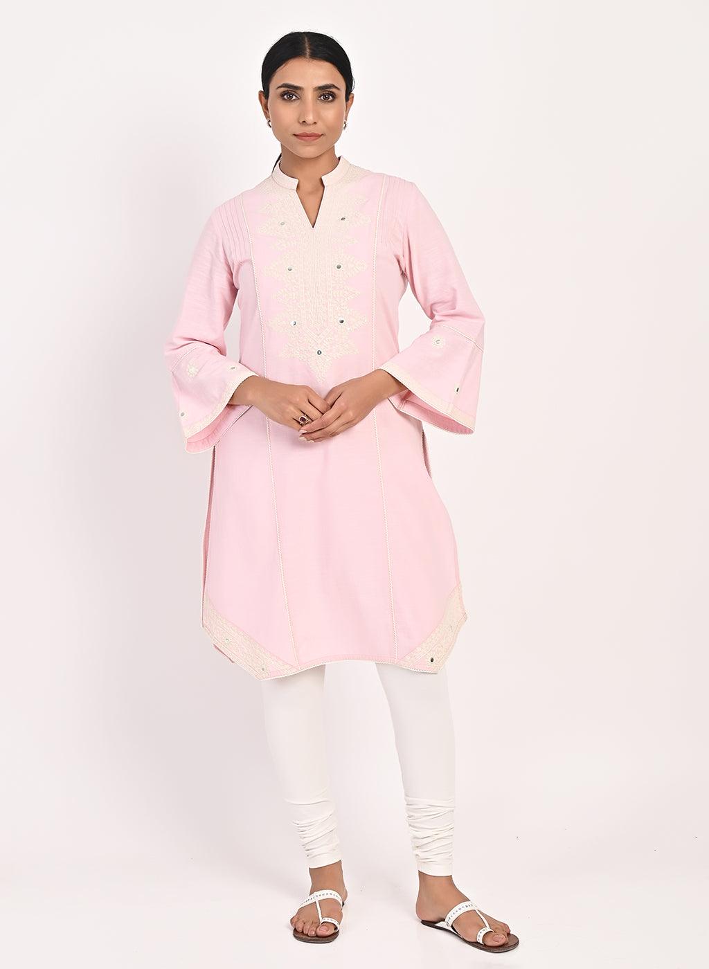 Pink Mid-length Cotton Kurti for Women with Embroidery - Lakshita