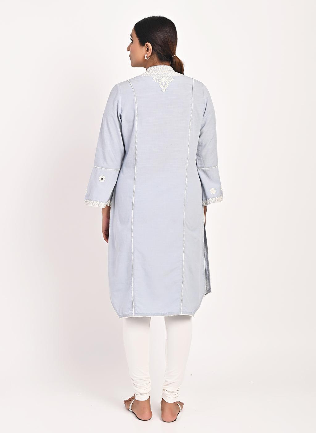 Spa Blue Mid-length Cotton Kurti for Women with Embroidery - Lakshita