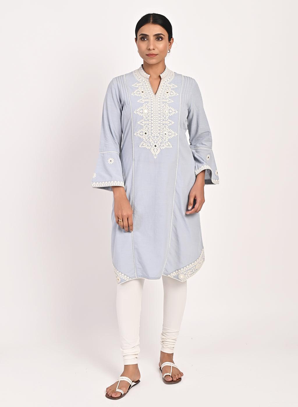 Spa Blue Mid-length Cotton Dress for Women with Embroidery-23SLK04087-5 ...