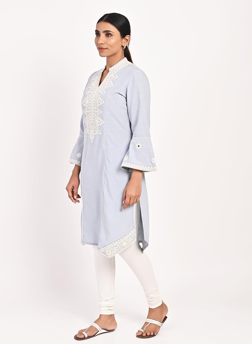 Spa Blue Mid-length Cotton Kurti for Women with Embroidery - Lakshita