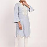 Spa Blue Mid-length Cotton Kurti for Women with Embroidery - Lakshita