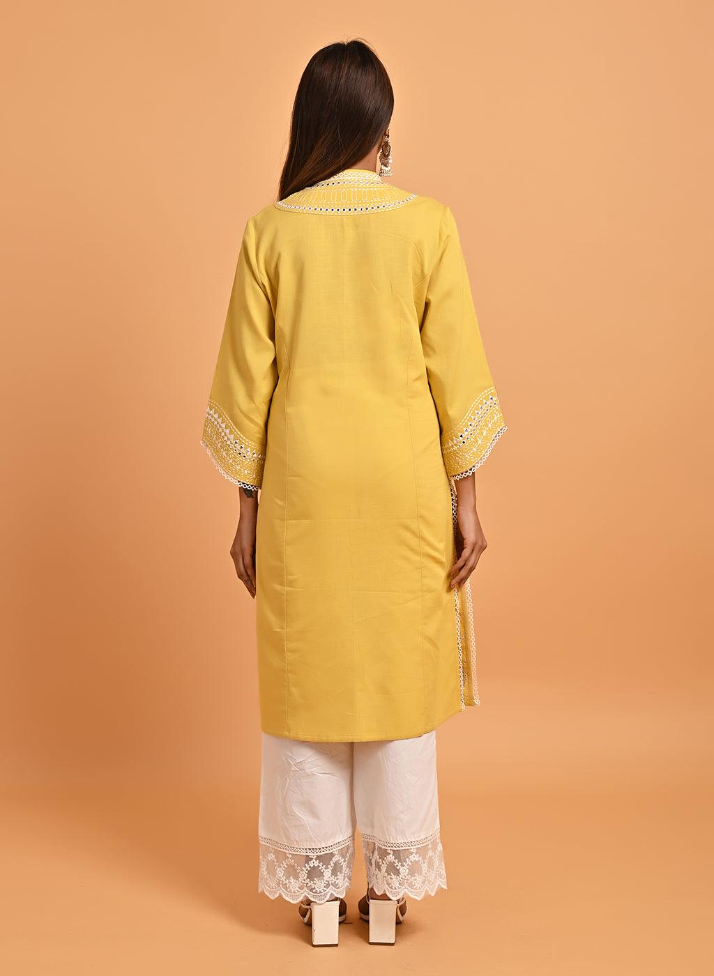 Yellow Straight Embroidered Kurta with 3/4th Sleeves - Lakshita