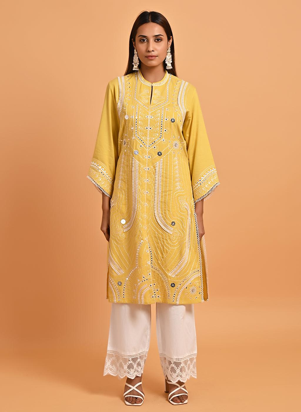 Yellow Straight Embroidered Kurta with 3/4th Sleeves - Lakshita