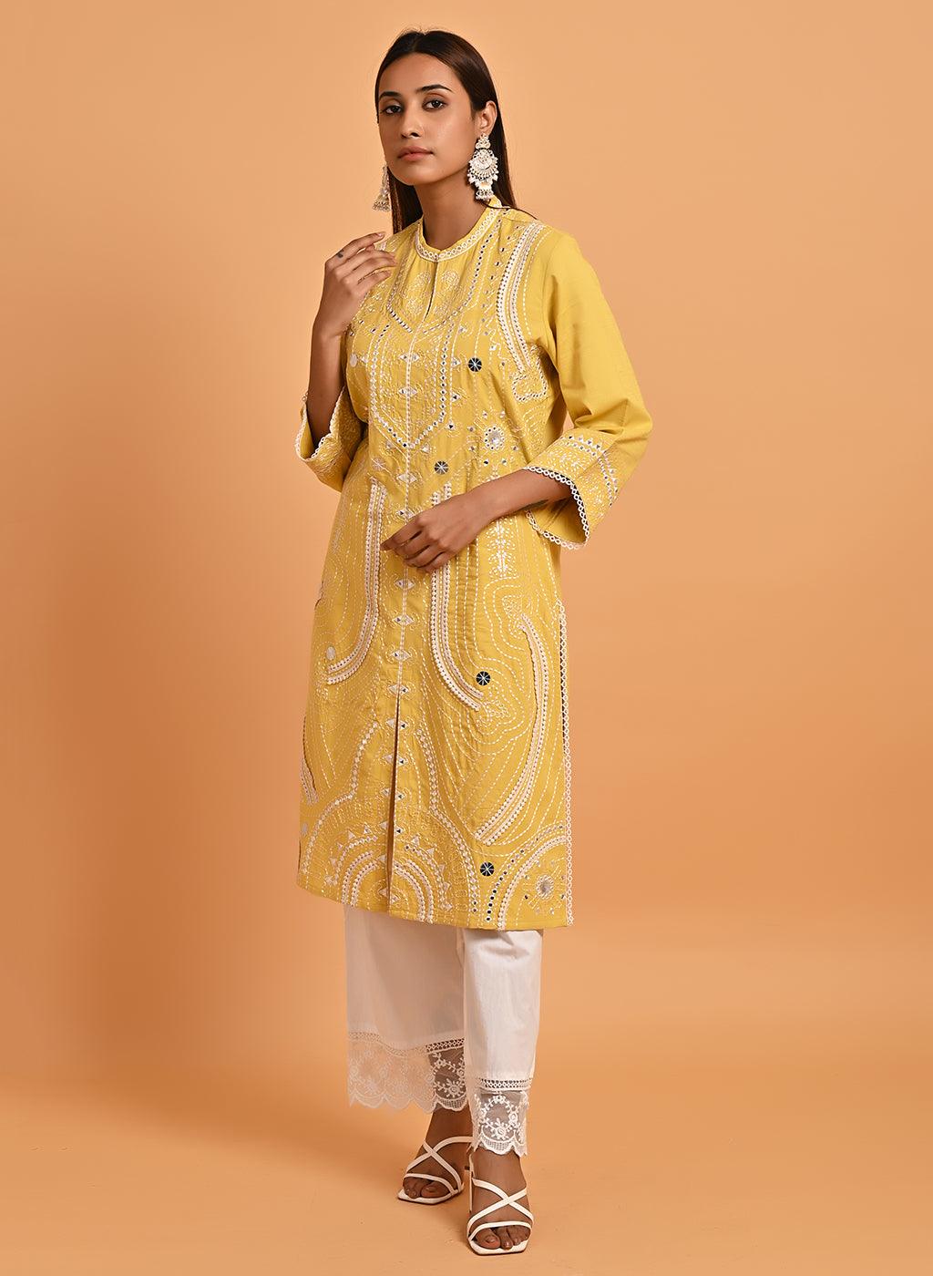 Yellow Straight Embroidered Kurta with 3/4th Sleeves - Lakshita