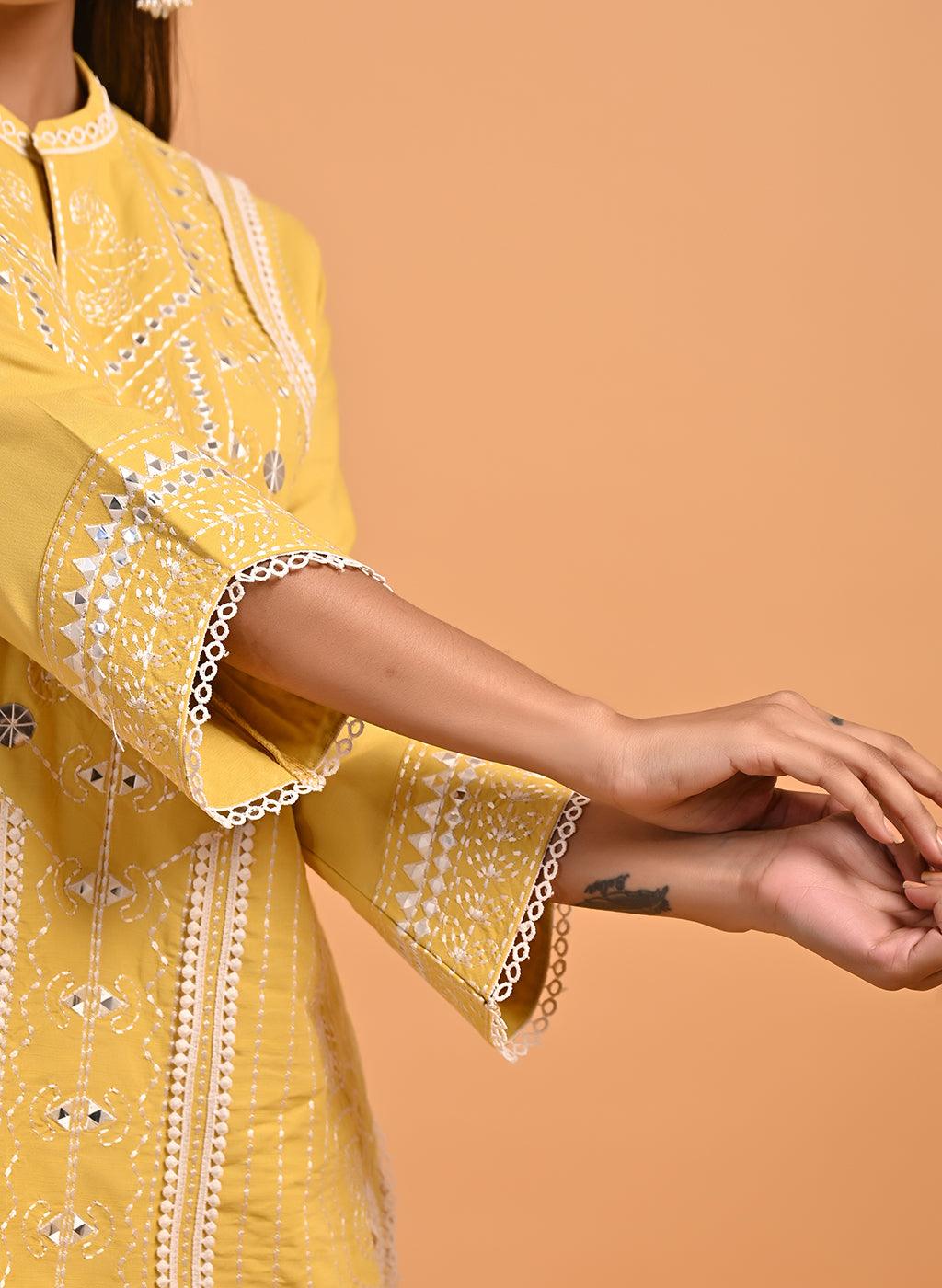 Yellow Straight Embroidered Kurta with 3/4th Sleeves - Lakshita